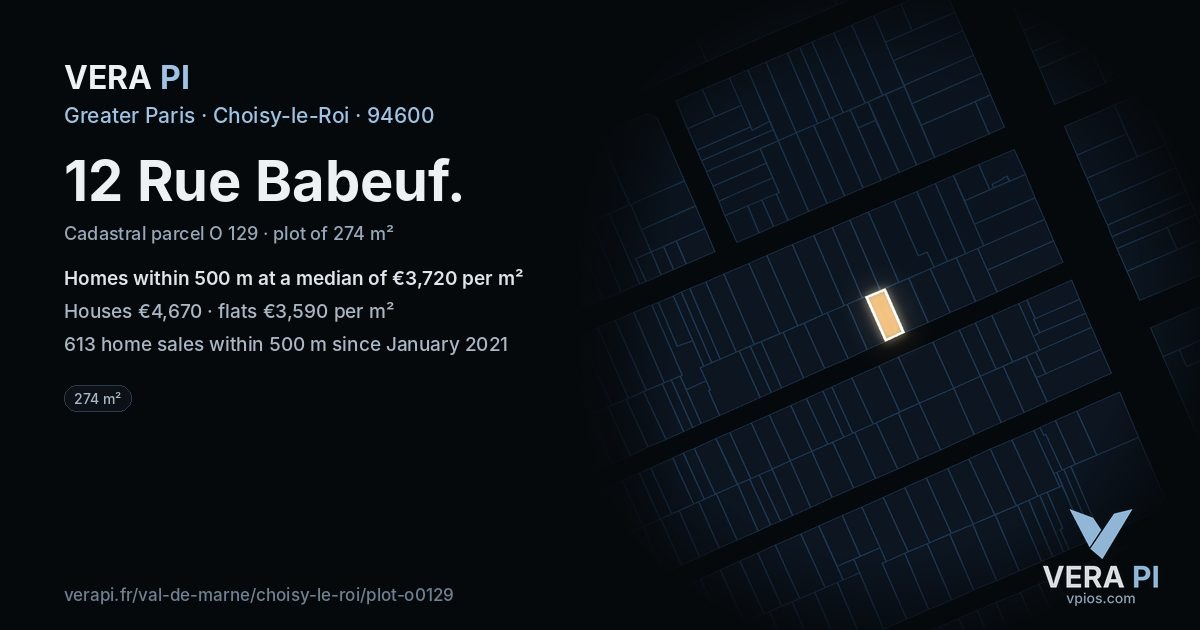 12 Rue Babeuf, Choisy-le-Roi at night – the plot lit, the parcels around coloured by the prices near them