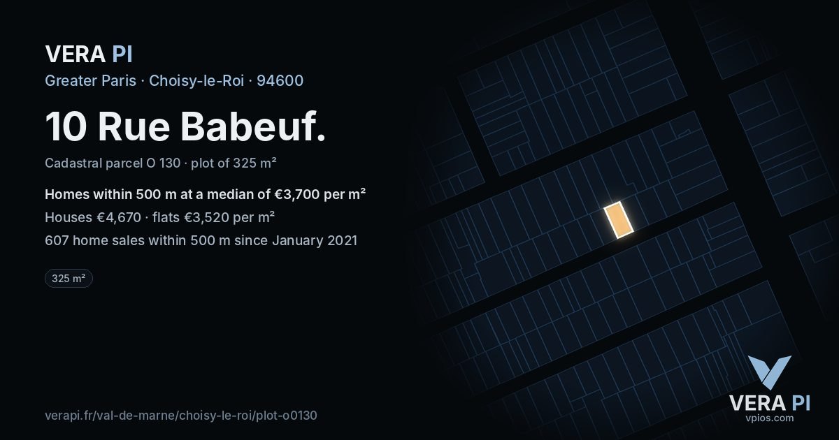 10 Rue Babeuf, Choisy-le-Roi at night – the plot lit, the parcels around coloured by the prices near them