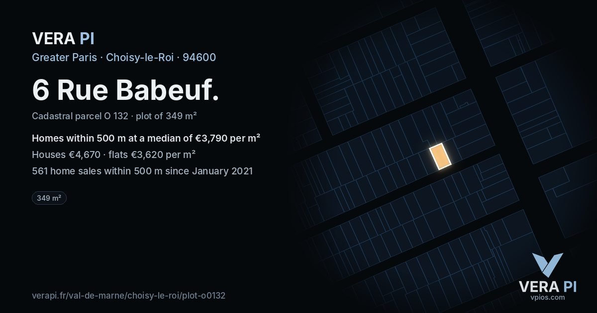 6 Rue Babeuf, Choisy-le-Roi at night – the plot lit, the parcels around coloured by the prices near them
