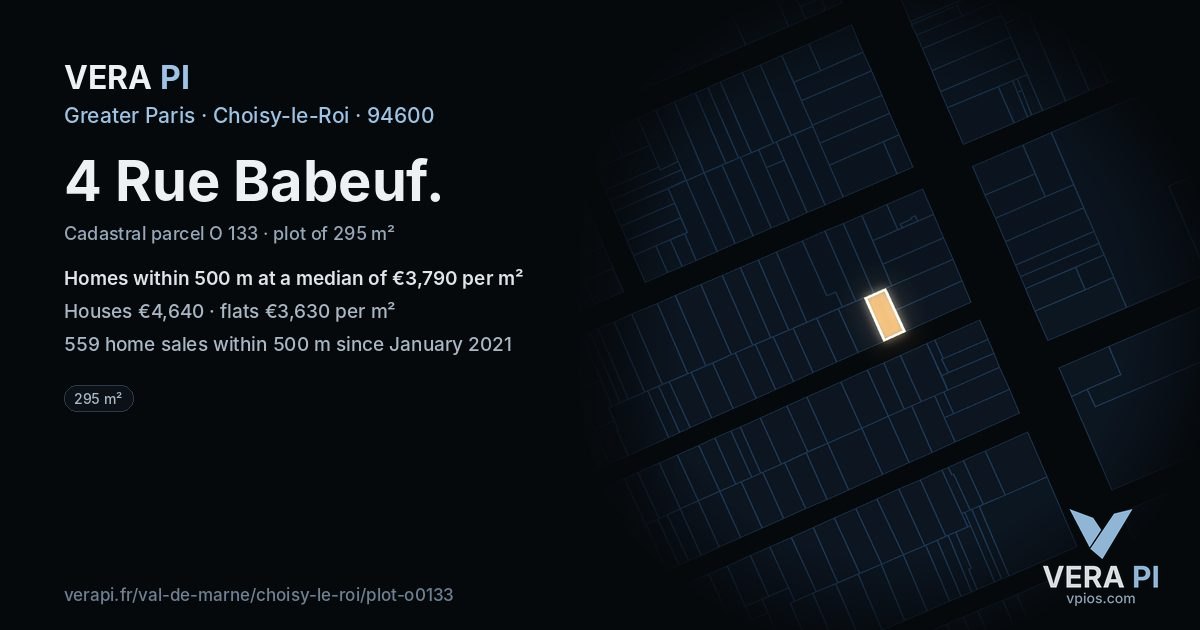 4 Rue Babeuf, Choisy-le-Roi at night – the plot lit, the parcels around coloured by the prices near them