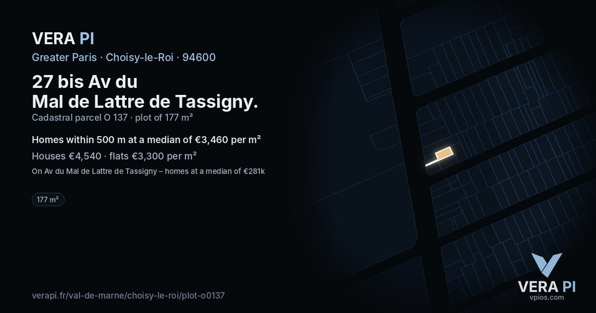 27 bis Av du Mal de Lattre de Tassigny, Choisy-le-Roi at night – the plot lit, the parcels around coloured by the prices near them