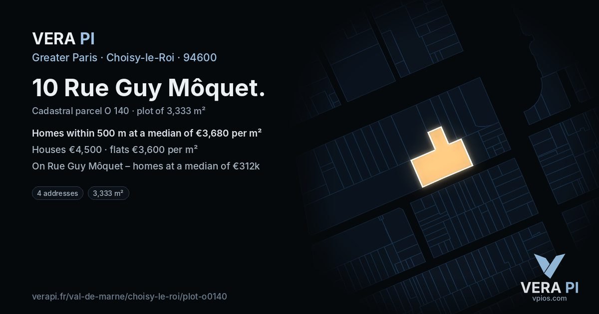 10 Rue Guy Môquet, Choisy-le-Roi at night – the plot lit, the parcels around coloured by the prices near them