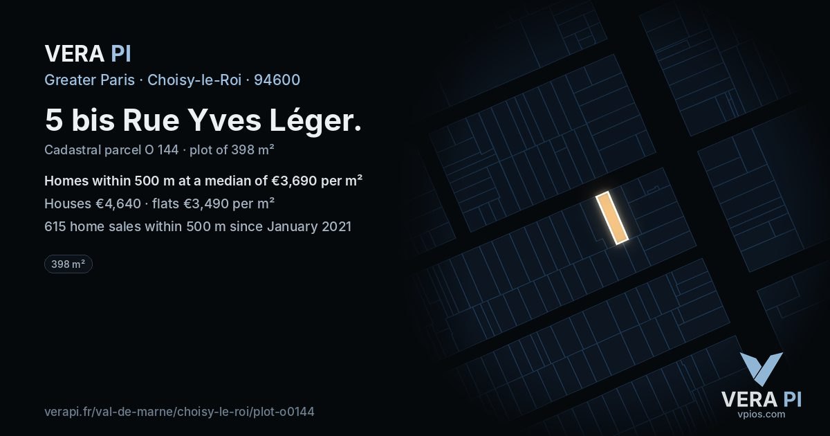 5 bis Rue Yves Léger, Choisy-le-Roi at night – the plot lit, the parcels around coloured by the prices near them