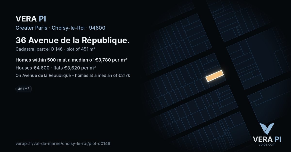 36 Avenue de la République, Choisy-le-Roi at night – the plot lit, the parcels around coloured by the prices near them