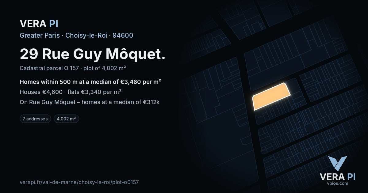 29 Rue Guy Môquet, Choisy-le-Roi at night – the plot lit, the parcels around coloured by the prices near them