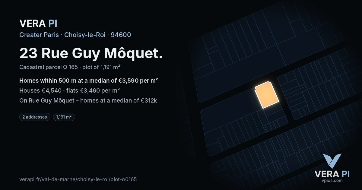 23 Rue Guy Môquet, Choisy-le-Roi at night – the plot lit, the parcels around coloured by the prices near them