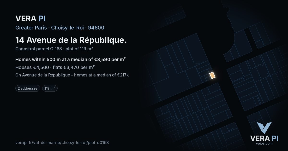 14 Avenue de la République, Choisy-le-Roi at night – the plot lit, the parcels around coloured by the prices near them
