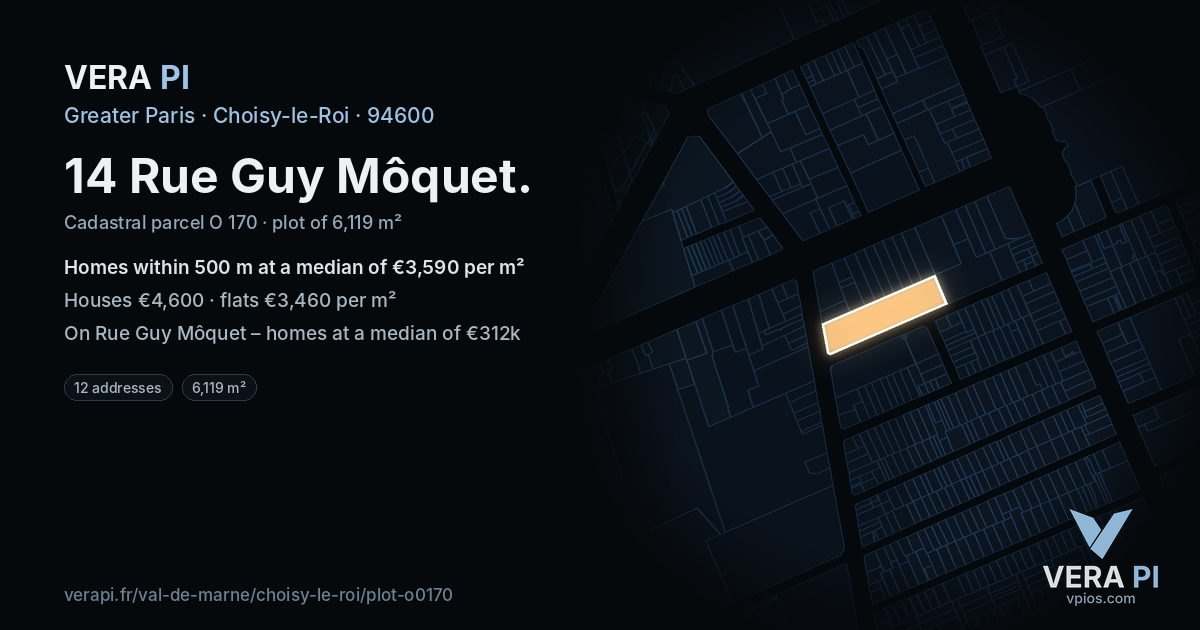 14 Rue Guy Môquet, Choisy-le-Roi at night – the plot lit, the parcels around coloured by the prices near them