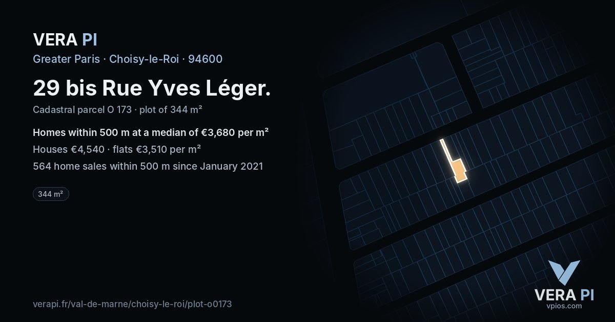 29 bis Rue Yves Léger, Choisy-le-Roi at night – the plot lit, the parcels around coloured by the prices near them