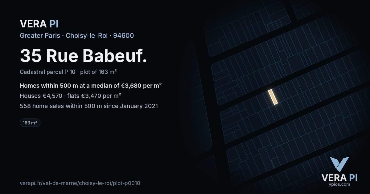 35 Rue Babeuf, Choisy-le-Roi at night – the plot lit, the parcels around coloured by the prices near them