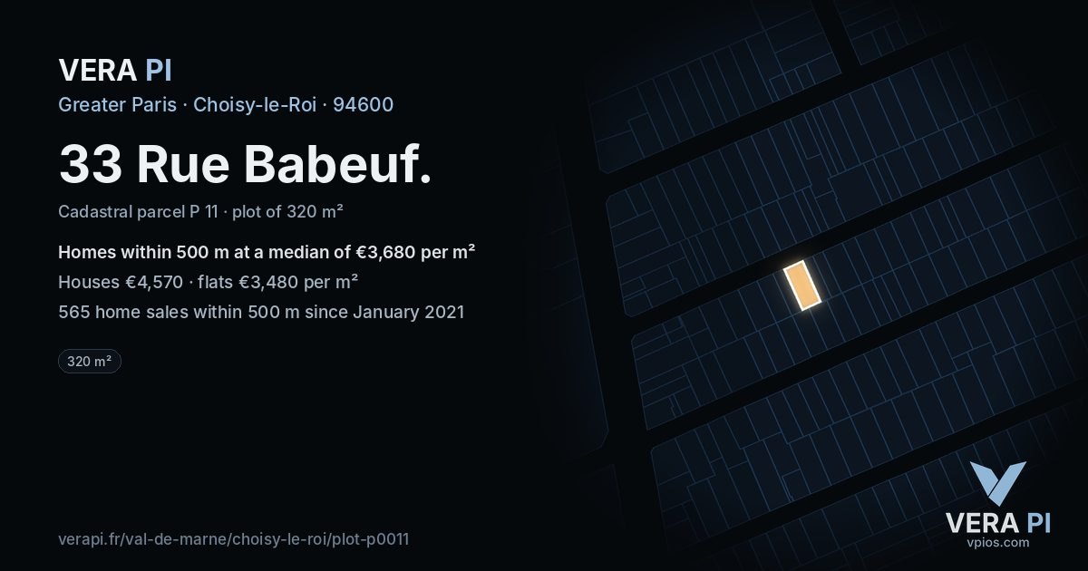 33 Rue Babeuf, Choisy-le-Roi at night – the plot lit, the parcels around coloured by the prices near them