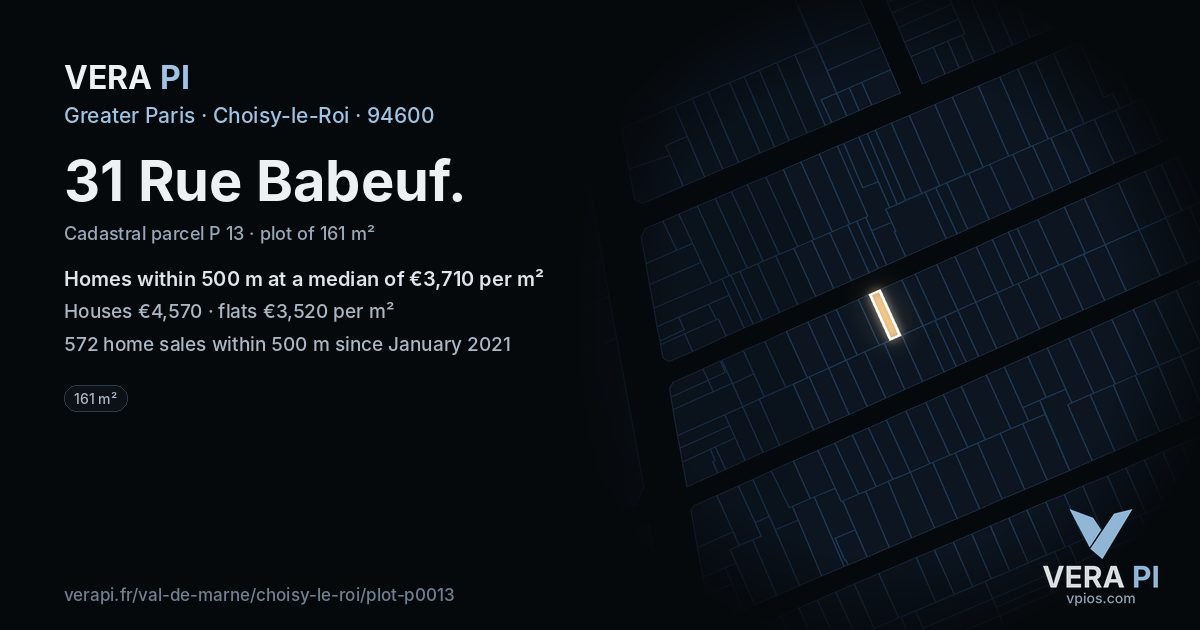 31 Rue Babeuf, Choisy-le-Roi at night – the plot lit, the parcels around coloured by the prices near them