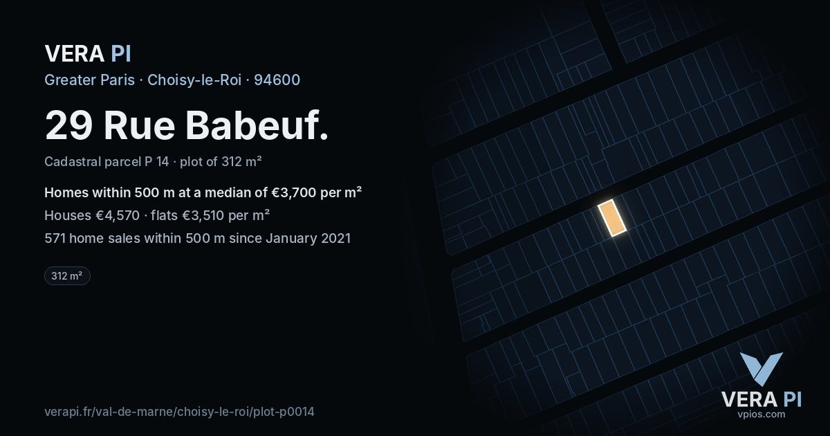29 Rue Babeuf, Choisy-le-Roi at night – the plot lit, the parcels around coloured by the prices near them