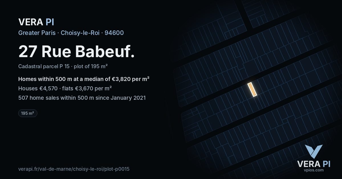 27 Rue Babeuf, Choisy-le-Roi at night – the plot lit, the parcels around coloured by the prices near them