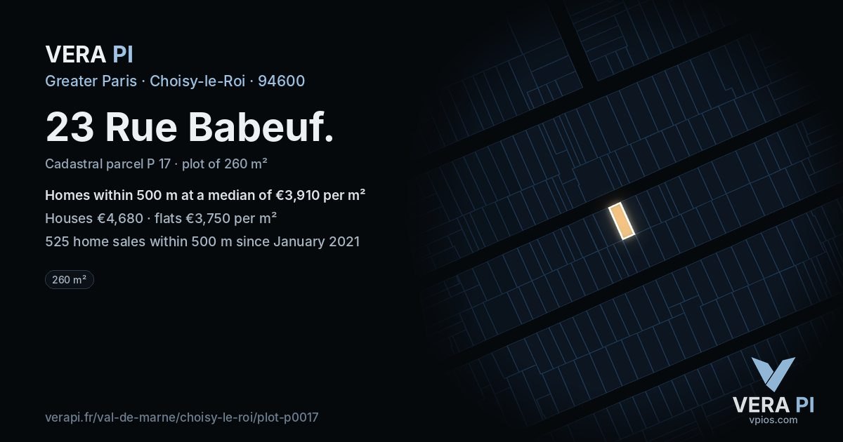 23 Rue Babeuf, Choisy-le-Roi at night – the plot lit, the parcels around coloured by the prices near them
