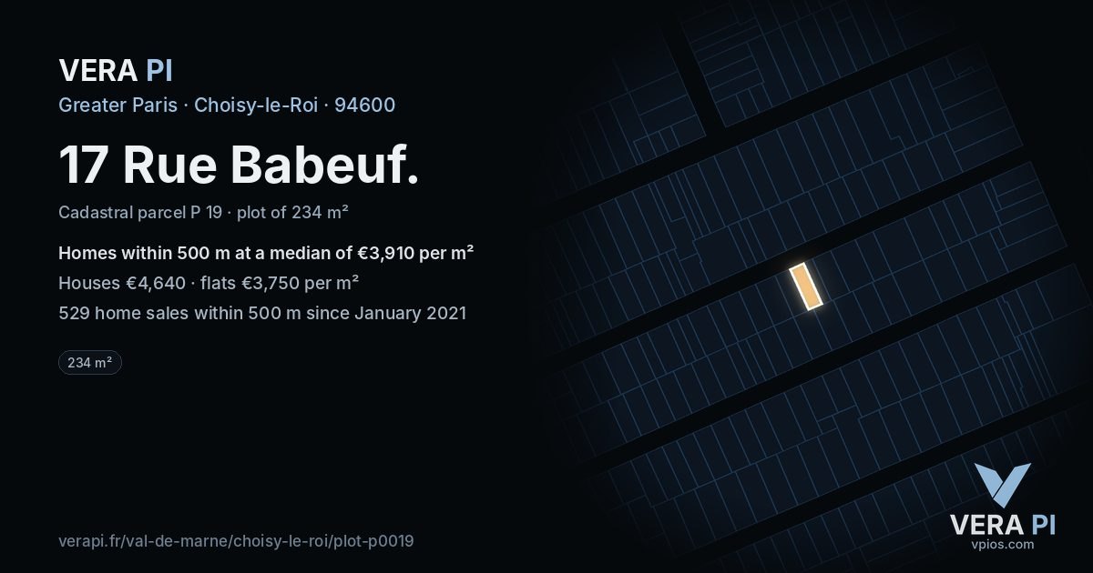 17 Rue Babeuf, Choisy-le-Roi at night – the plot lit, the parcels around coloured by the prices near them