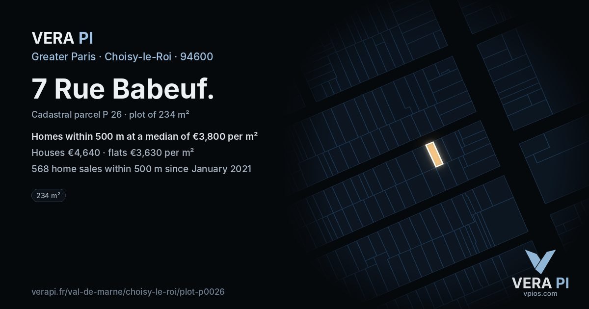 7 Rue Babeuf, Choisy-le-Roi at night – the plot lit, the parcels around coloured by the prices near them