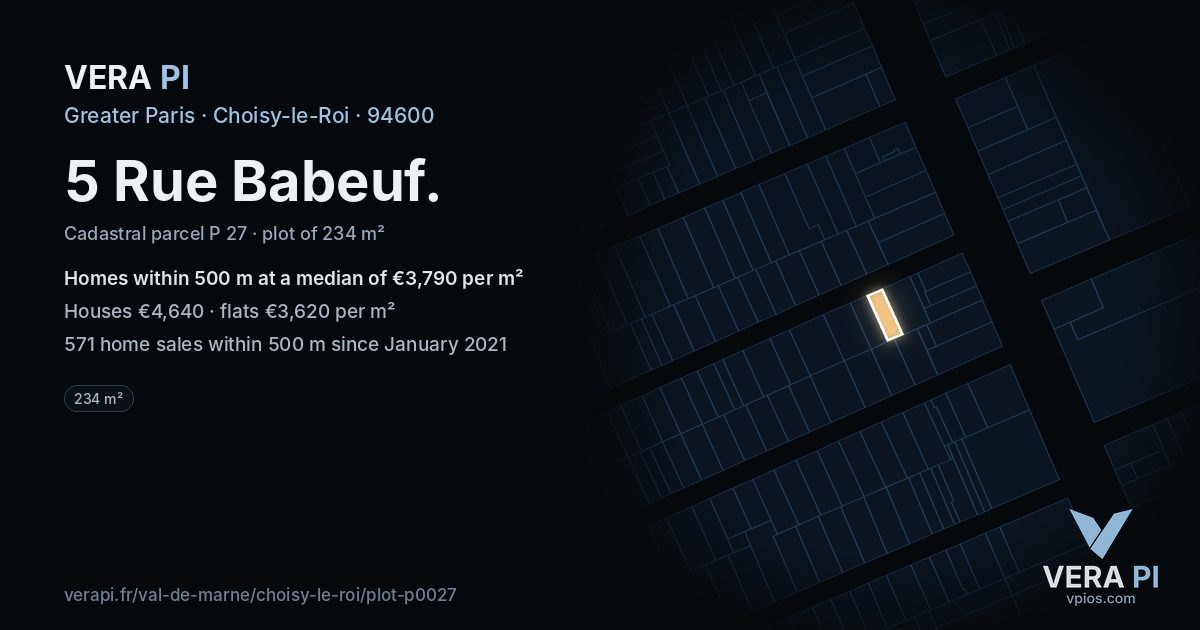 5 Rue Babeuf, Choisy-le-Roi at night – the plot lit, the parcels around coloured by the prices near them