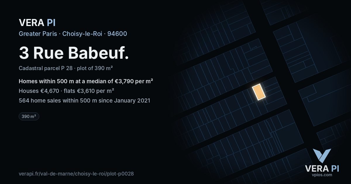 3 Rue Babeuf, Choisy-le-Roi at night – the plot lit, the parcels around coloured by the prices near them