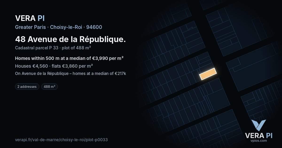 48 Avenue de la République, Choisy-le-Roi at night – the plot lit, the parcels around coloured by the prices near them