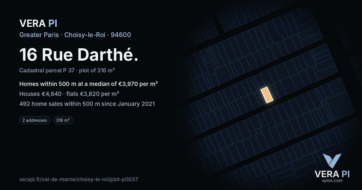 16 Rue Darthé, Choisy-le-Roi at night – the plot lit, the parcels around coloured by the prices near them