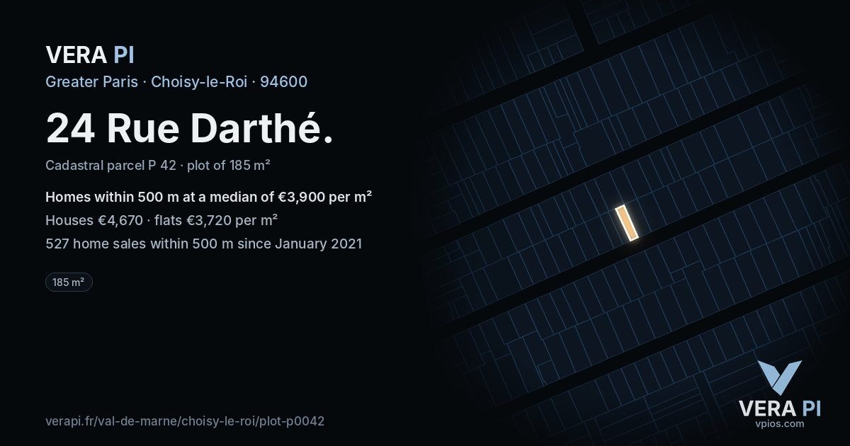 24 Rue Darthé, Choisy-le-Roi at night – the plot lit, the parcels around coloured by the prices near them
