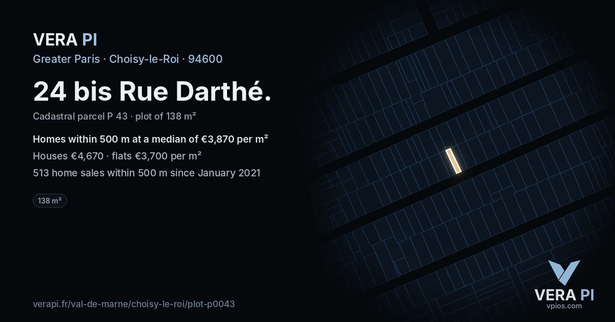 24 bis Rue Darthé, Choisy-le-Roi at night – the plot lit, the parcels around coloured by the prices near them