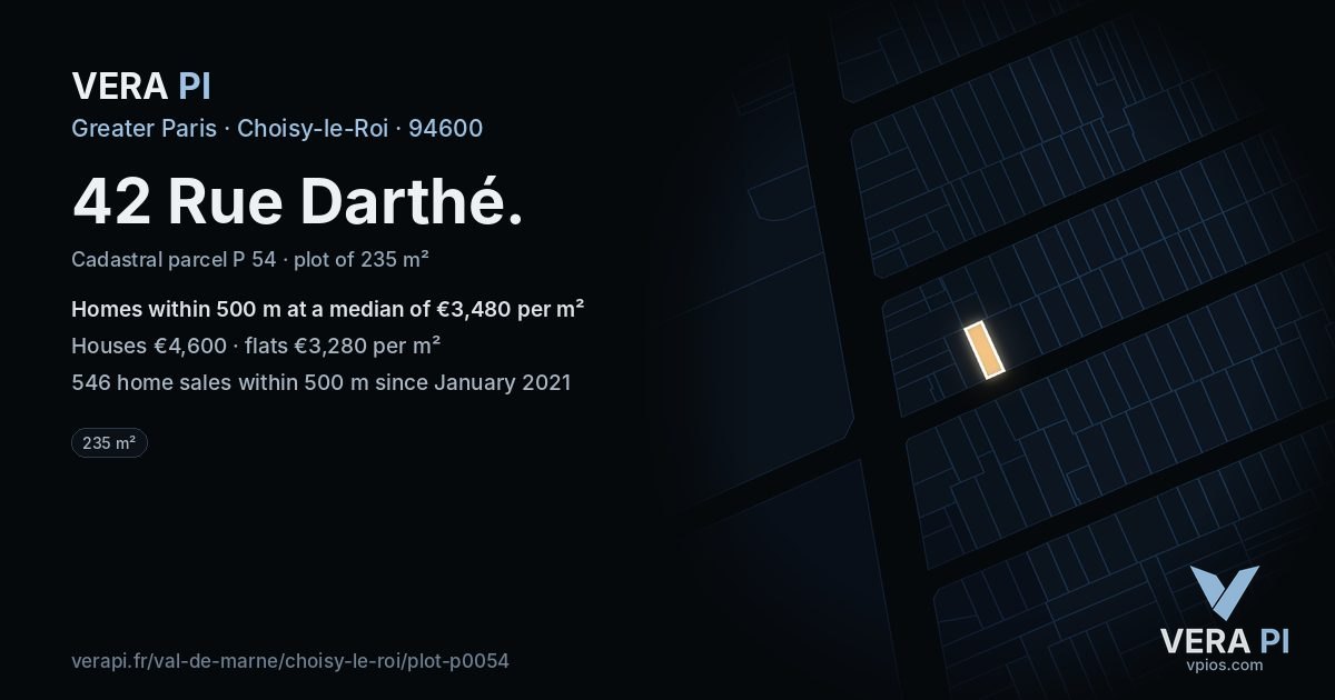 42 Rue Darthé, Choisy-le-Roi at night – the plot lit, the parcels around coloured by the prices near them