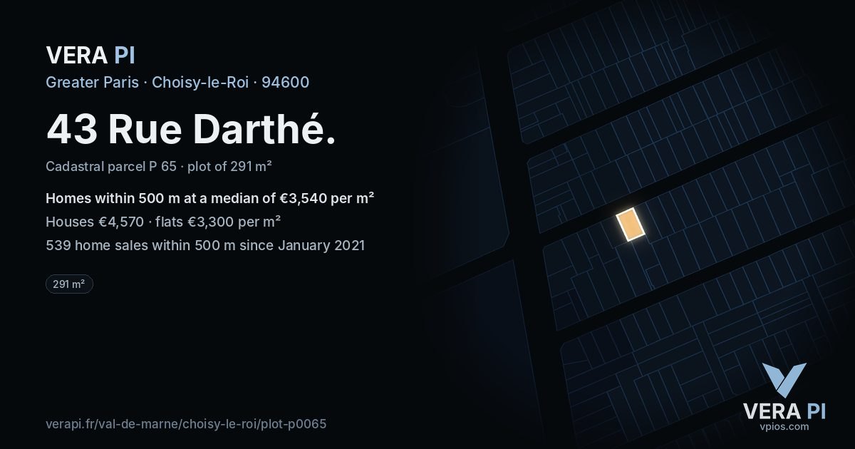43 Rue Darthé, Choisy-le-Roi at night – the plot lit, the parcels around coloured by the prices near them
