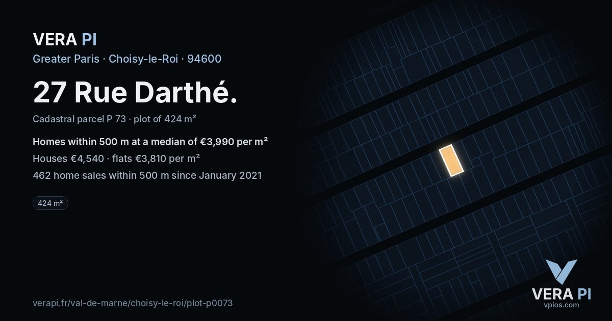 27 Rue Darthé, Choisy-le-Roi at night – the plot lit, the parcels around coloured by the prices near them