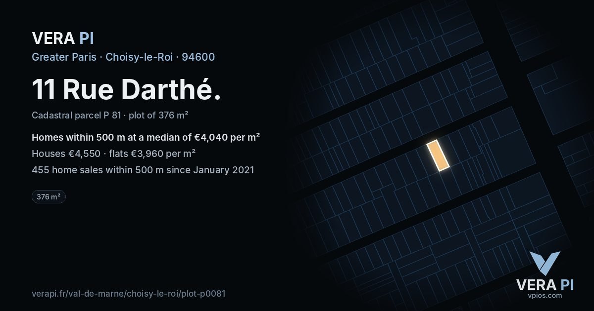 11 Rue Darthé, Choisy-le-Roi at night – the plot lit, the parcels around coloured by the prices near them