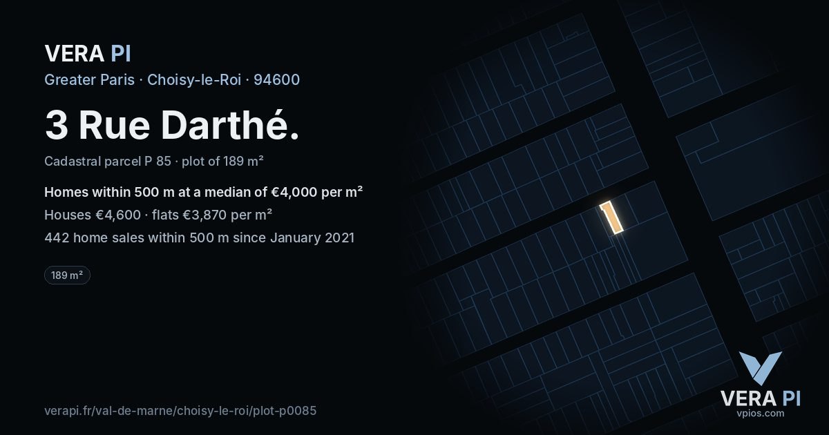 3 Rue Darthé, Choisy-le-Roi at night – the plot lit, the parcels around coloured by the prices near them