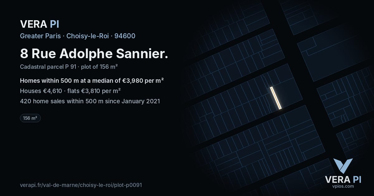 8 Rue Adolphe Sannier, Choisy-le-Roi at night – the plot lit, the parcels around coloured by the prices near them
