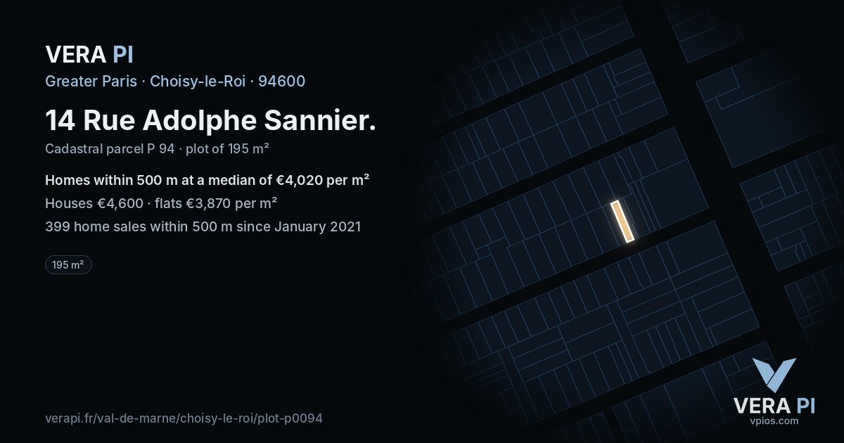 14 Rue Adolphe Sannier, Choisy-le-Roi at night – the plot lit, the parcels around coloured by the prices near them