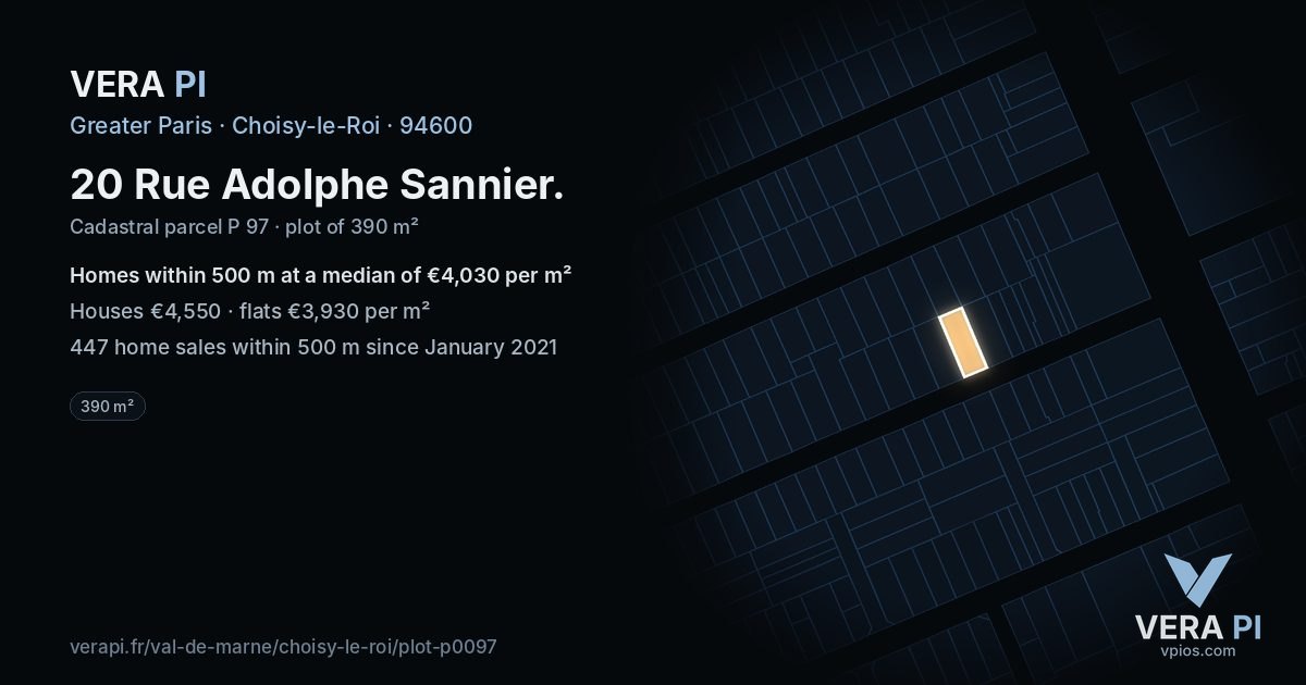 20 Rue Adolphe Sannier, Choisy-le-Roi at night – the plot lit, the parcels around coloured by the prices near them