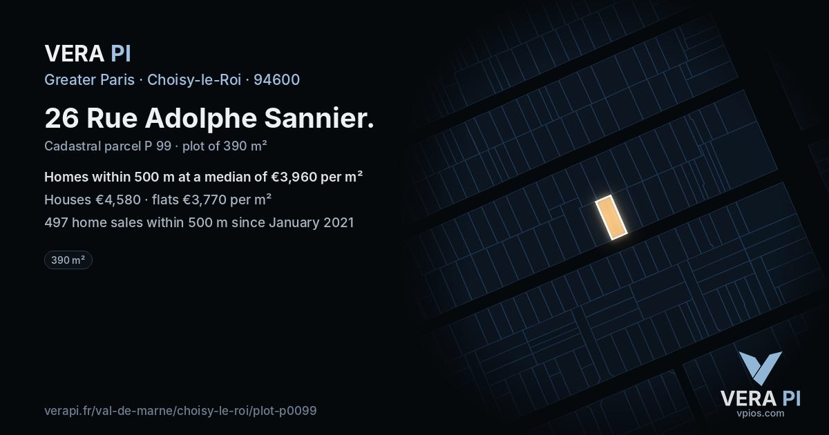 26 Rue Adolphe Sannier, Choisy-le-Roi at night – the plot lit, the parcels around coloured by the prices near them