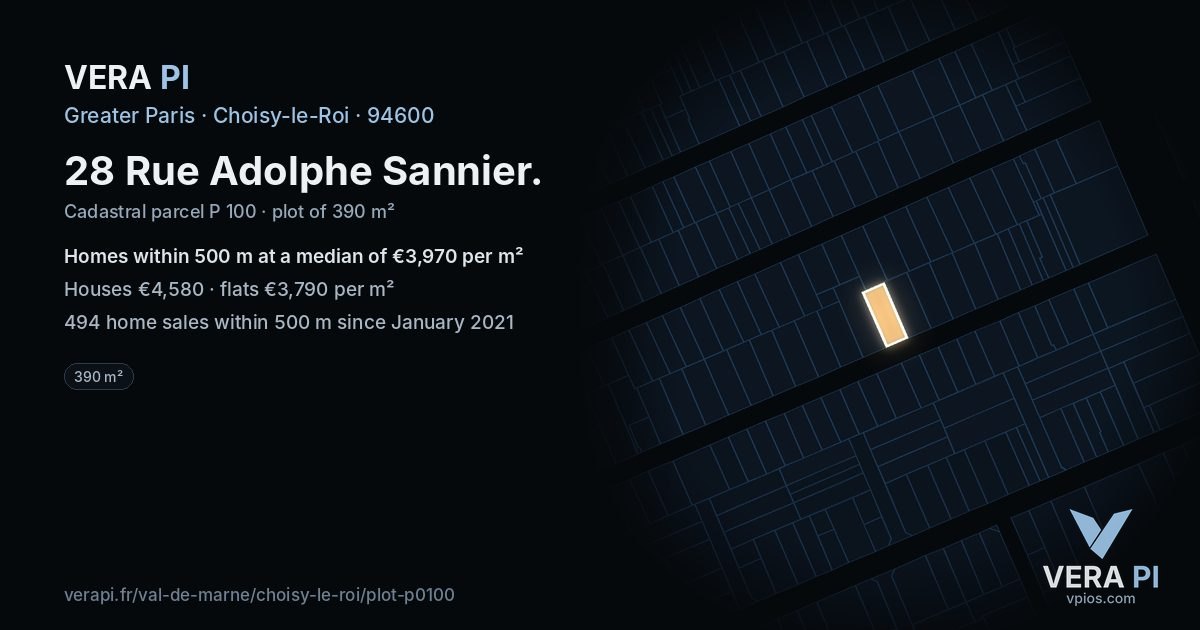 28 Rue Adolphe Sannier, Choisy-le-Roi at night – the plot lit, the parcels around coloured by the prices near them