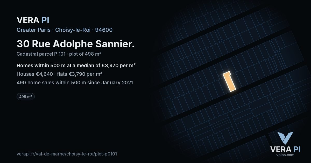 30 Rue Adolphe Sannier, Choisy-le-Roi at night – the plot lit, the parcels around coloured by the prices near them