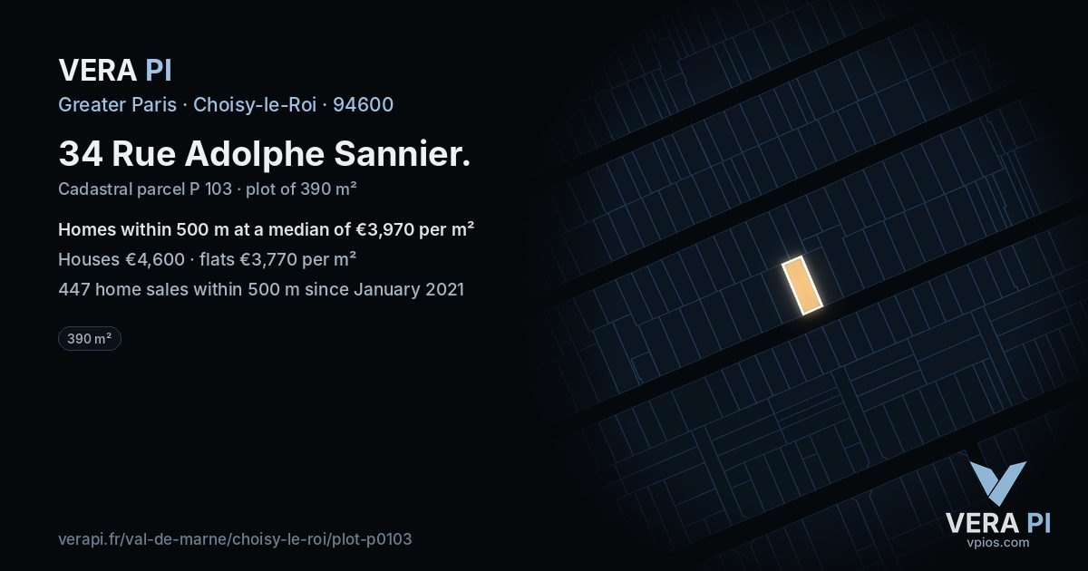 34 Rue Adolphe Sannier, Choisy-le-Roi at night – the plot lit, the parcels around coloured by the prices near them