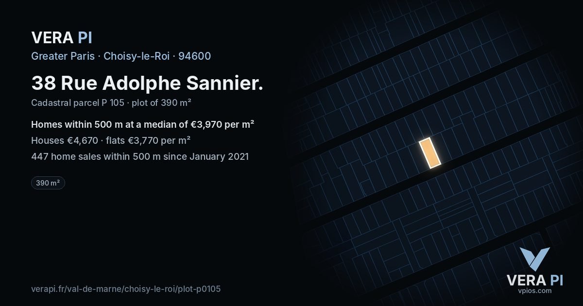 38 Rue Adolphe Sannier, Choisy-le-Roi at night – the plot lit, the parcels around coloured by the prices near them