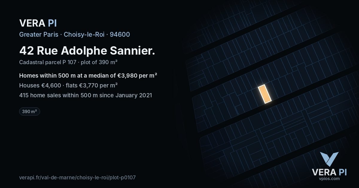 42 Rue Adolphe Sannier, Choisy-le-Roi at night – the plot lit, the parcels around coloured by the prices near them