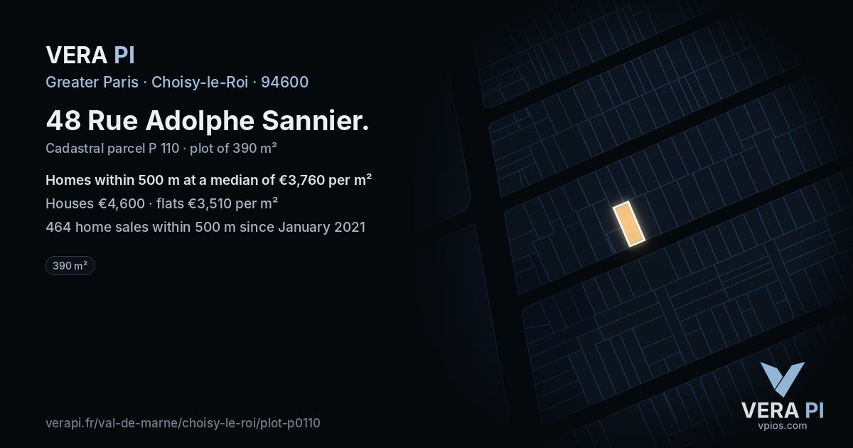 48 Rue Adolphe Sannier, Choisy-le-Roi at night – the plot lit, the parcels around coloured by the prices near them
