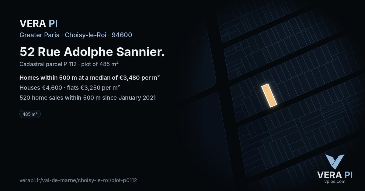 52 Rue Adolphe Sannier, Choisy-le-Roi at night – the plot lit, the parcels around coloured by the prices near them