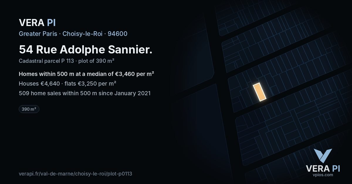 54 Rue Adolphe Sannier, Choisy-le-Roi at night – the plot lit, the parcels around coloured by the prices near them