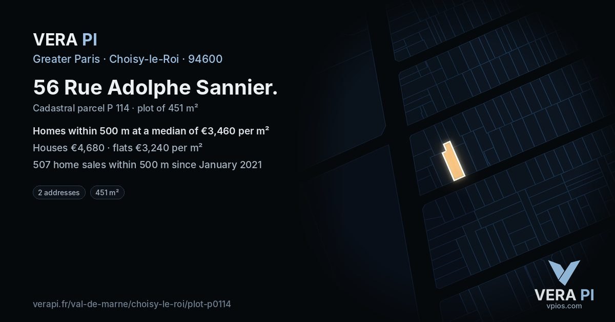56 Rue Adolphe Sannier, Choisy-le-Roi at night – the plot lit, the parcels around coloured by the prices near them