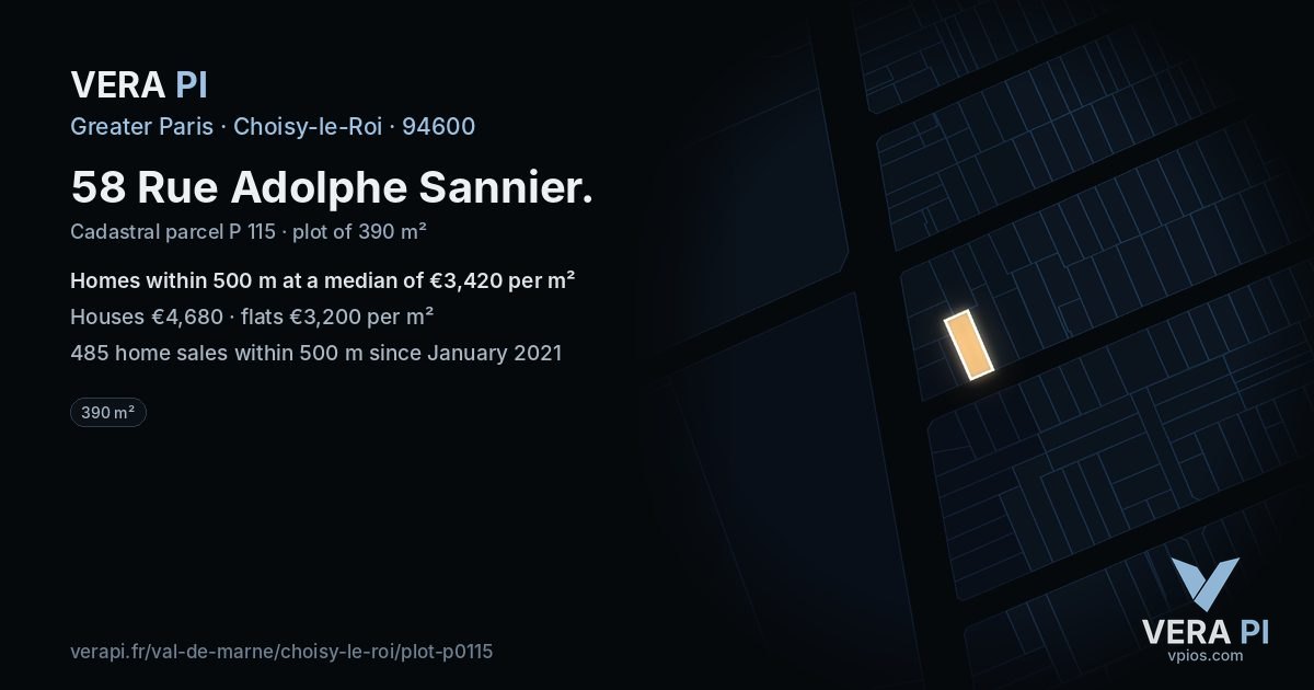 58 Rue Adolphe Sannier, Choisy-le-Roi at night – the plot lit, the parcels around coloured by the prices near them