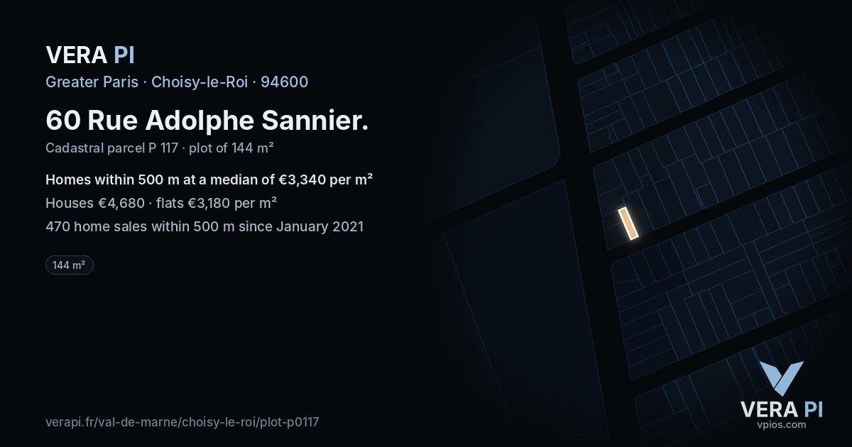 60 Rue Adolphe Sannier, Choisy-le-Roi at night – the plot lit, the parcels around coloured by the prices near them