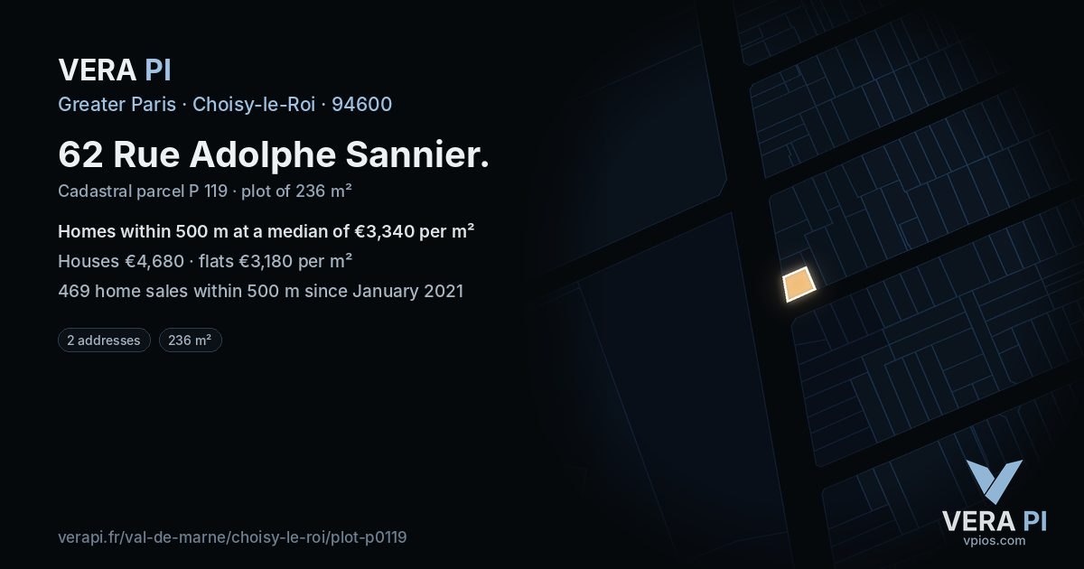 62 Rue Adolphe Sannier, Choisy-le-Roi at night – the plot lit, the parcels around coloured by the prices near them