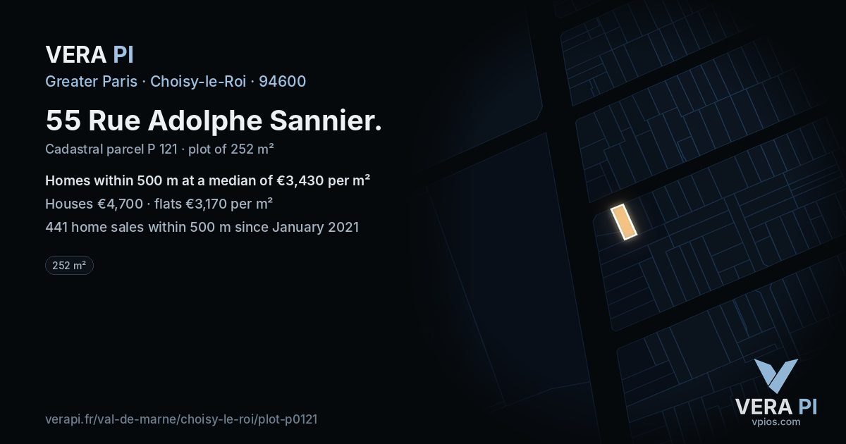 55 Rue Adolphe Sannier, Choisy-le-Roi at night – the plot lit, the parcels around coloured by the prices near them