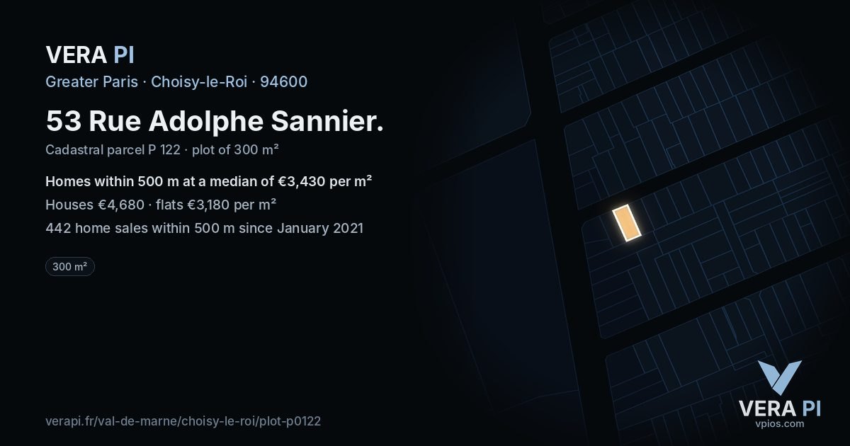 53 Rue Adolphe Sannier, Choisy-le-Roi at night – the plot lit, the parcels around coloured by the prices near them